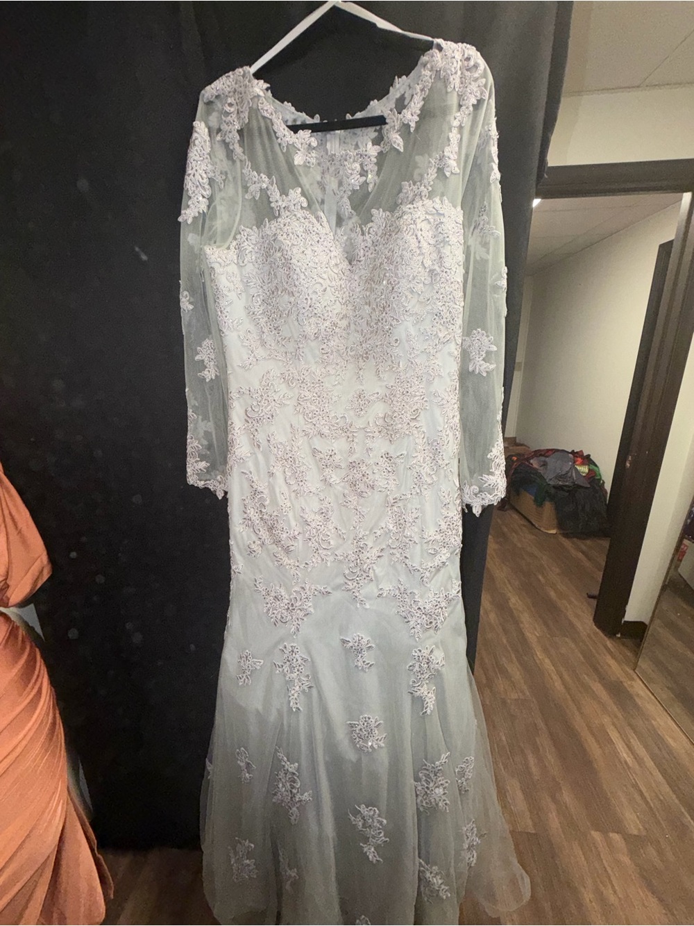 GLO jeans Lace Appliqué Long Sleeve Gown in Light Gray
